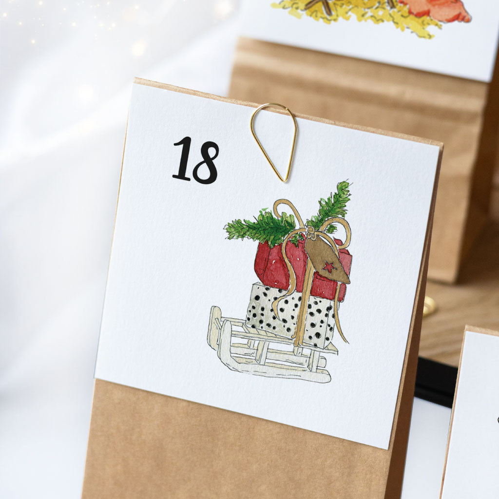 Detail Karte 18 mit Schlitten und Weihnachtsgeschenken