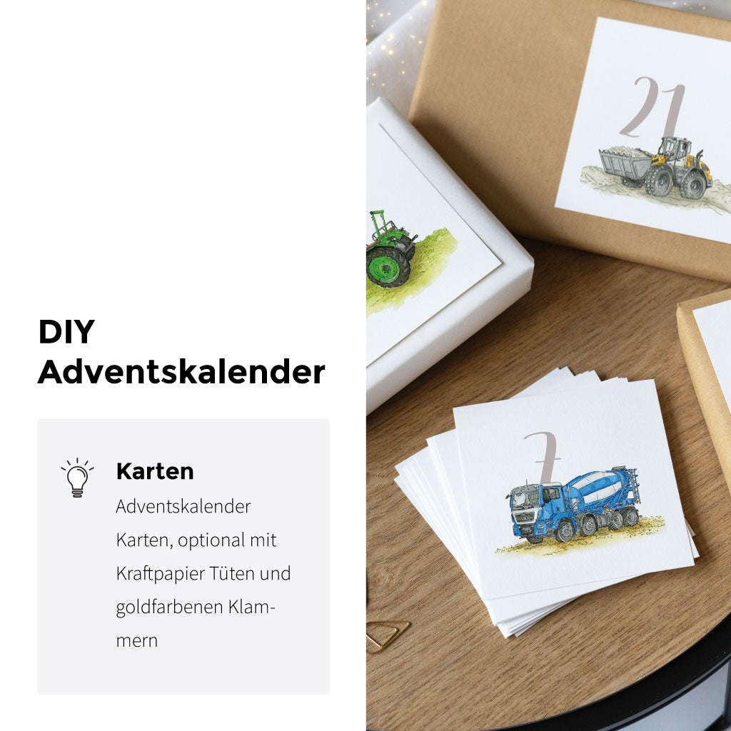 Optional sind die Weihnachtskalender Karten auch mit Kraftpapier Tüten und goldfarbenen Klammern erhältlich