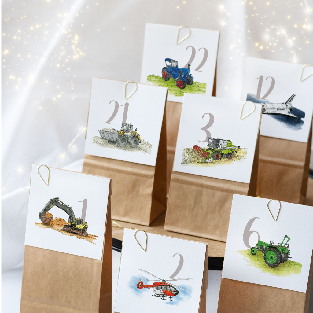 Fahrzeug Adventskalender Karten mit Kraftpapier Tüten