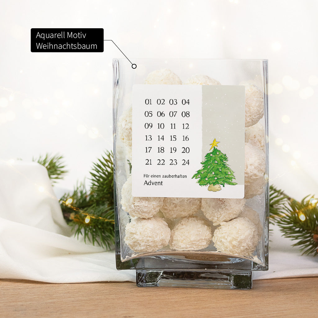 Sticker für Adventskalender im Glas mit Weihnachtsbaum Aquarell Motiv und Zahlen von 01 bis 24 zum Abhaken