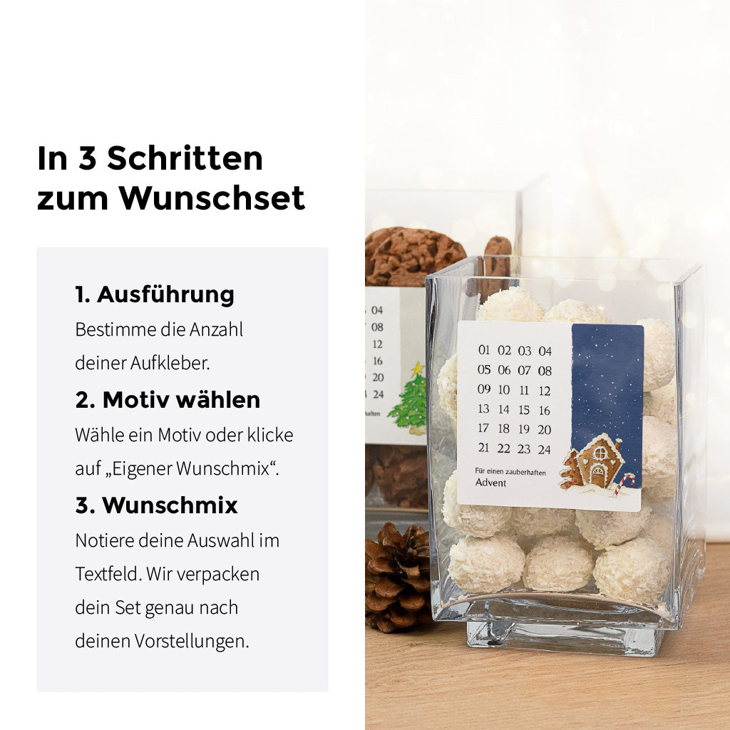 Infografik zum Wunschset für Adventskalender im Glas mit Lebkuchenhaus Aquarell Motiv Sticker