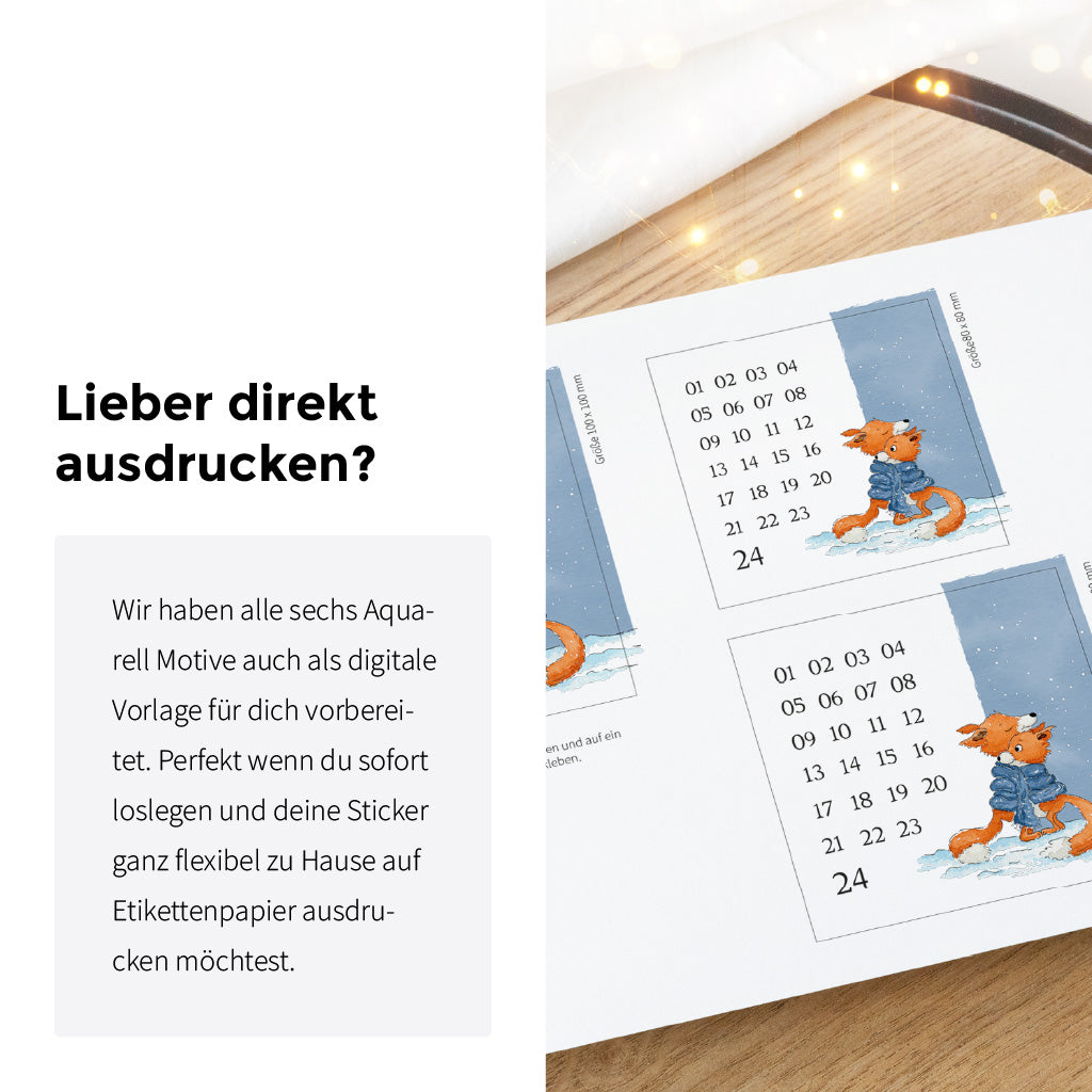 Digitale Vorlage für Adventskalender Aufkleber mit Füchse Aquarell Motiv zum Selbstdrucken zu Hause