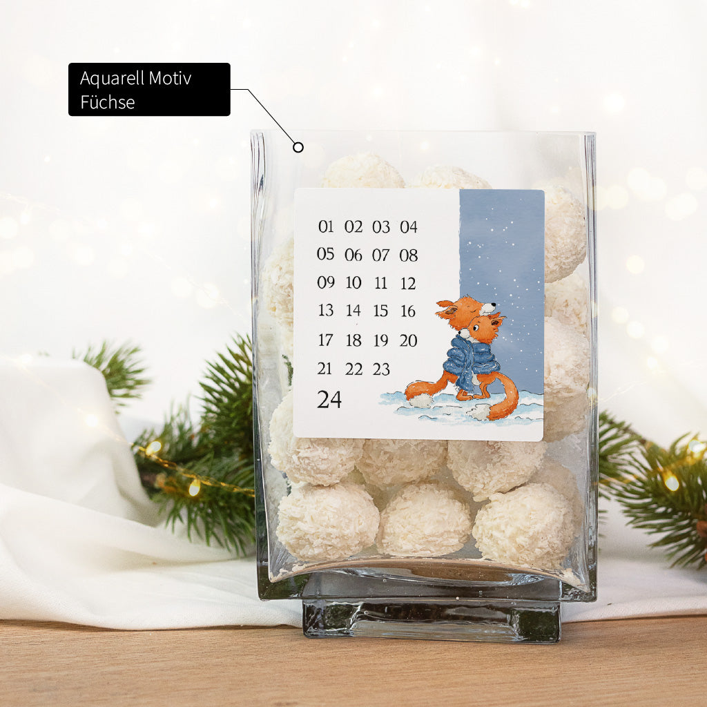 Gläserner Adventskalender für Erwachsene mit quadratischem Sticker und handgemaltem Füchse Aquarell Motiv