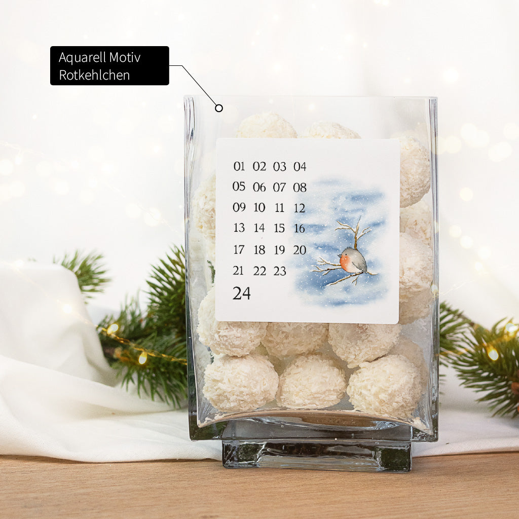 Quadratischer Adventskalender Aufkleber für Gläser mit einem schönen Rotkehlchen Aquarell Motiv für Dezember