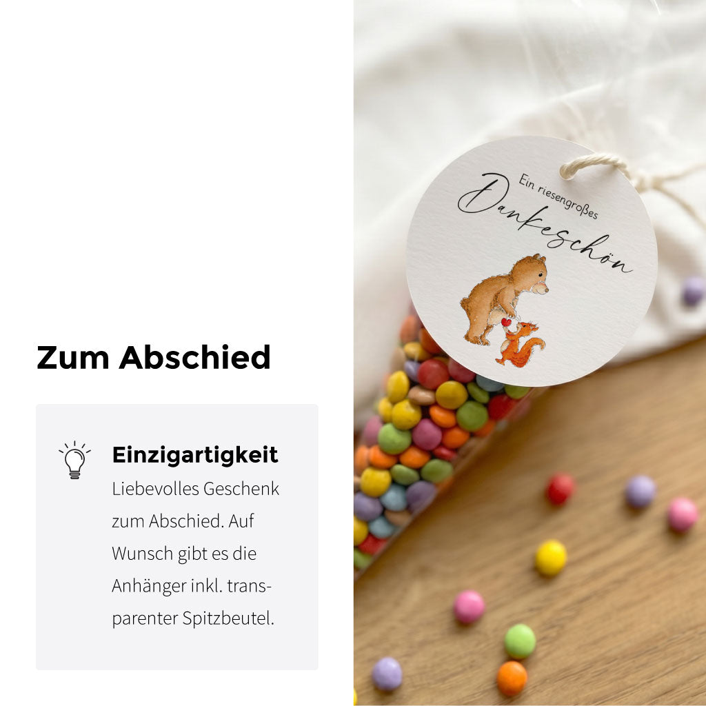 DIY Abschiedsgeschenk für Erzieherin mit transparentem Spitzbeutel und handgemaltem Aquarell Motiv Anhänger.