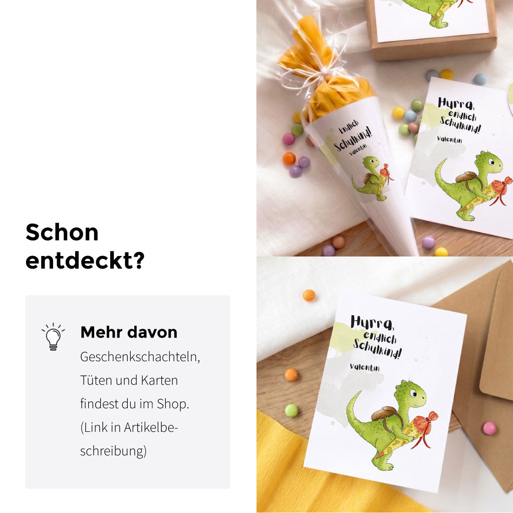 Collage verschiedener Produkte zur Einschulung mit Dino Aquarell Motiv wie Karten und Geschenkschachteln.