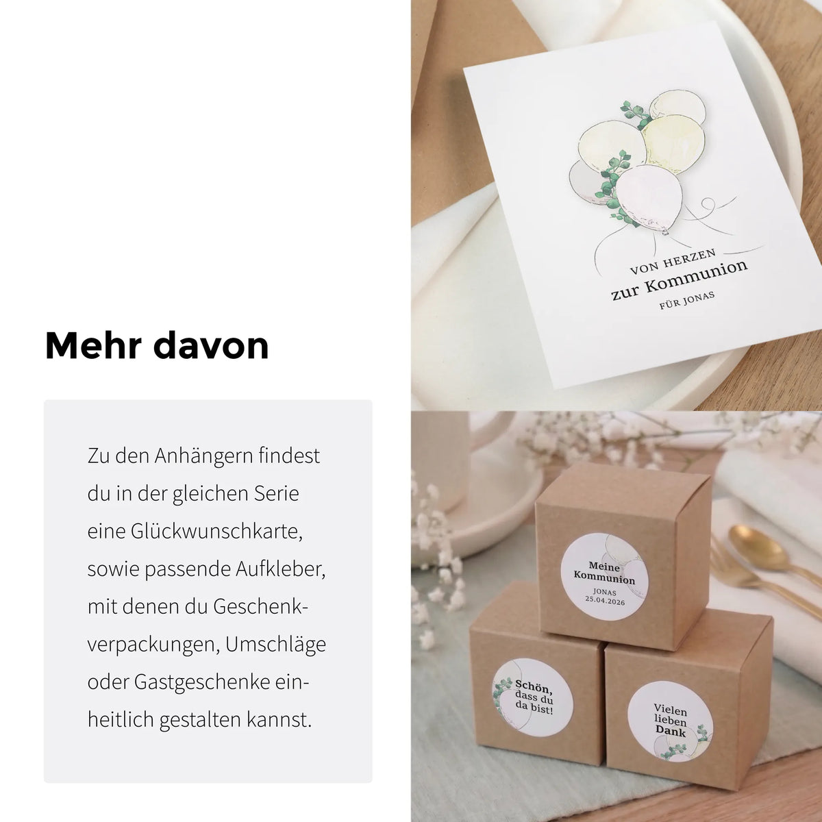 Passende Glückwunschkarte und Aufkleber zur Kommunion mit Aquarell Motiv sowie Anhänger für Gastgeschenke und Verpackungen