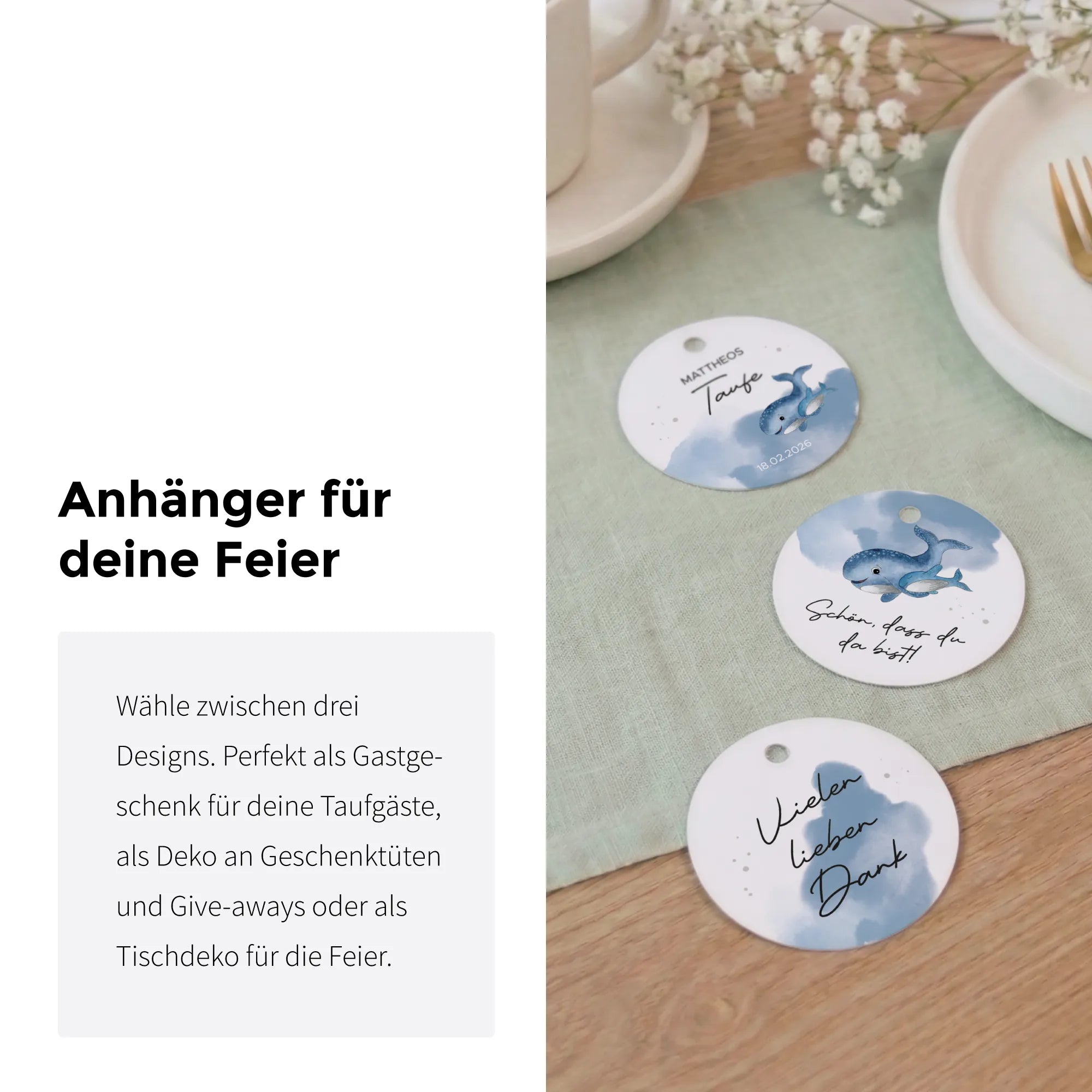 Drei runde Anhänger zur Baby Taufe mit Aquarell Motiv Wal, Auswahl aus drei Designs, als Gastgeschenk oder Tischdeko