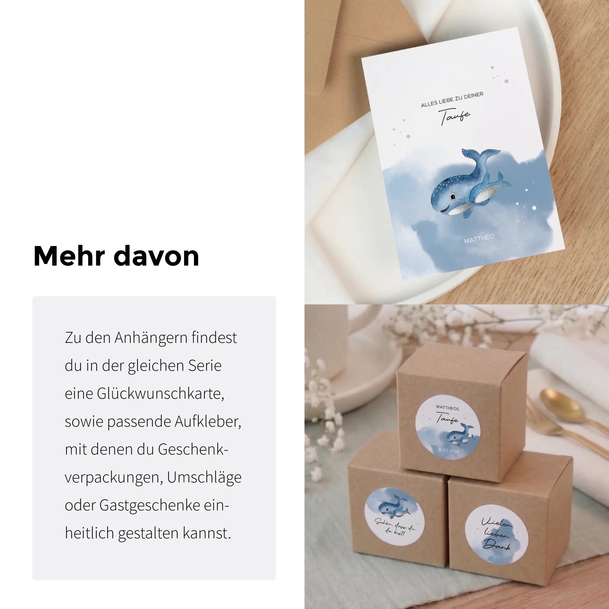 Passende Papeterie zur Baby Taufe mit Aquarell Motiv Wal: Glückwunschkarte, Anhänger und Aufkleber für Geschenkboxen