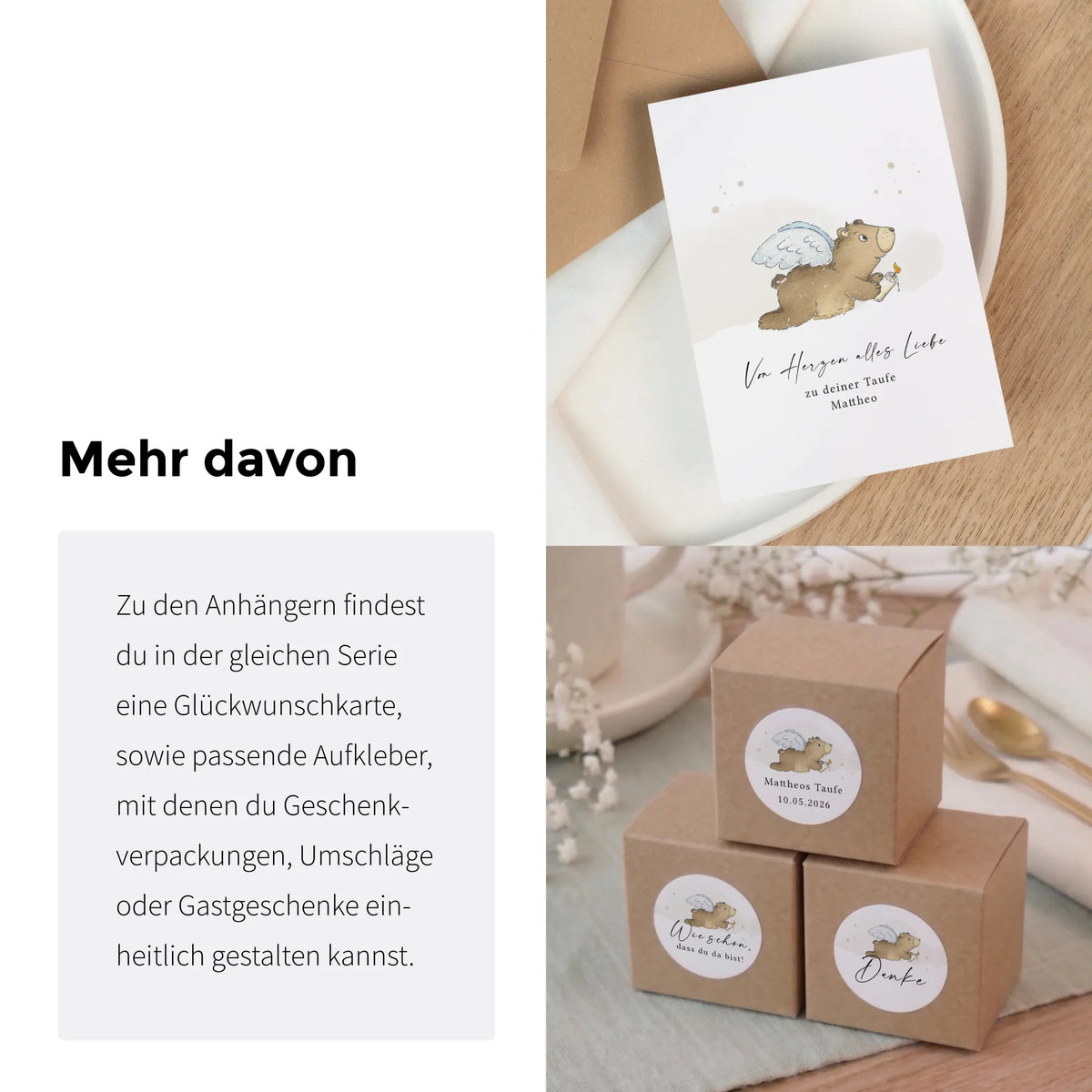 Mehr davon: passende Glückwunschkarte und Aufkleber zur Taufe mit Aquarell Motiv Engelbär für Gastgeschenke und Geschenkverpackungen