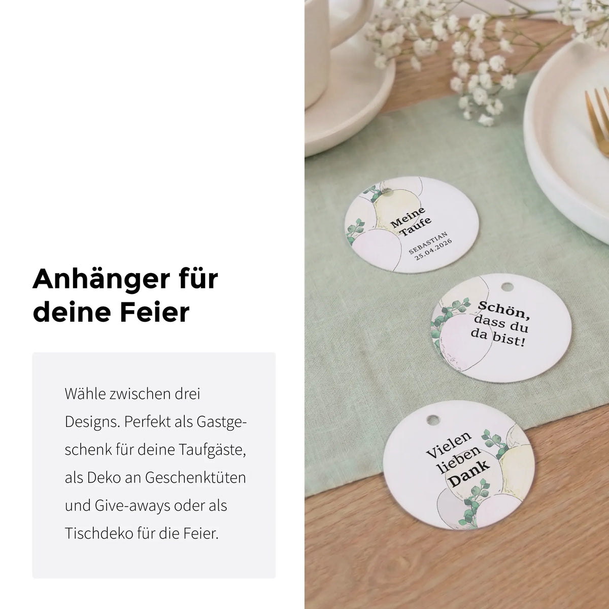 Drei runde Taufe Anhänger mit Aquarell Motiv auf Tischläufer, Infografik zu Einsatzmöglichkeiten als Gastgeschenk und Tischdeko