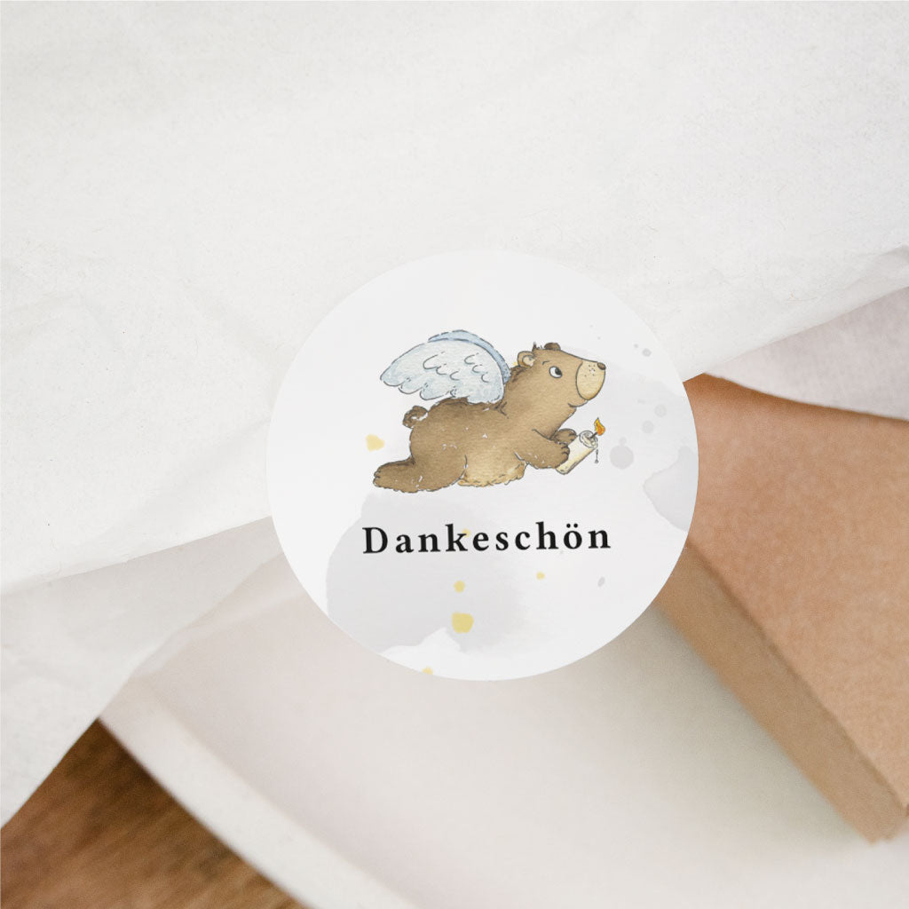 Danke Aufkleber mit Engel-Bär auf Geschenkverpackung, passend für Gastgeschenk oder Mitgebsel zur Taufe, Kommunion oder Konfirmation