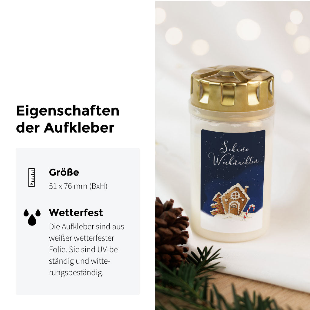 Wetterfester Sticker für Grabkerzen mit festlichem Aquarellmotiv und Weihnachtsgruß, passend für Gedenkkerzen im Winter.