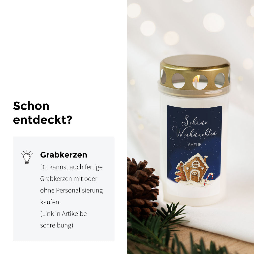 Individuell gestaltete Grabkerze mit winterlichem Aufkleber und „Schöne Weihnachten“-Aufdruck – liebevolle Erinnerung für die Adventszeit.