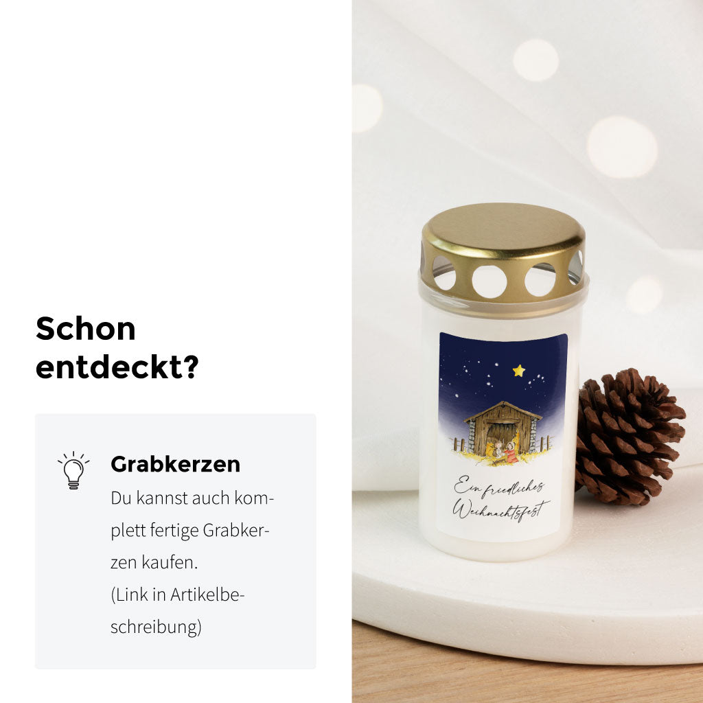 Fertig dekorierte Grabkerze mit handgemaltem Aufkleber „Ein friedliches Weihnachtsfest“ – liebevolles Design mit Weihnachtskrippe für Sternenkinder, Kinder und Erwachsene.