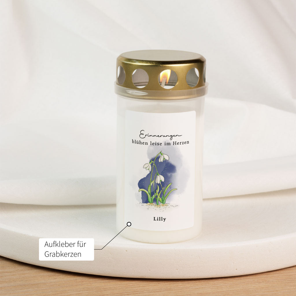 Personalisierbarer Aufkleber Grabkerze - Erinnerungen im Herzen | Schneeglöckchen