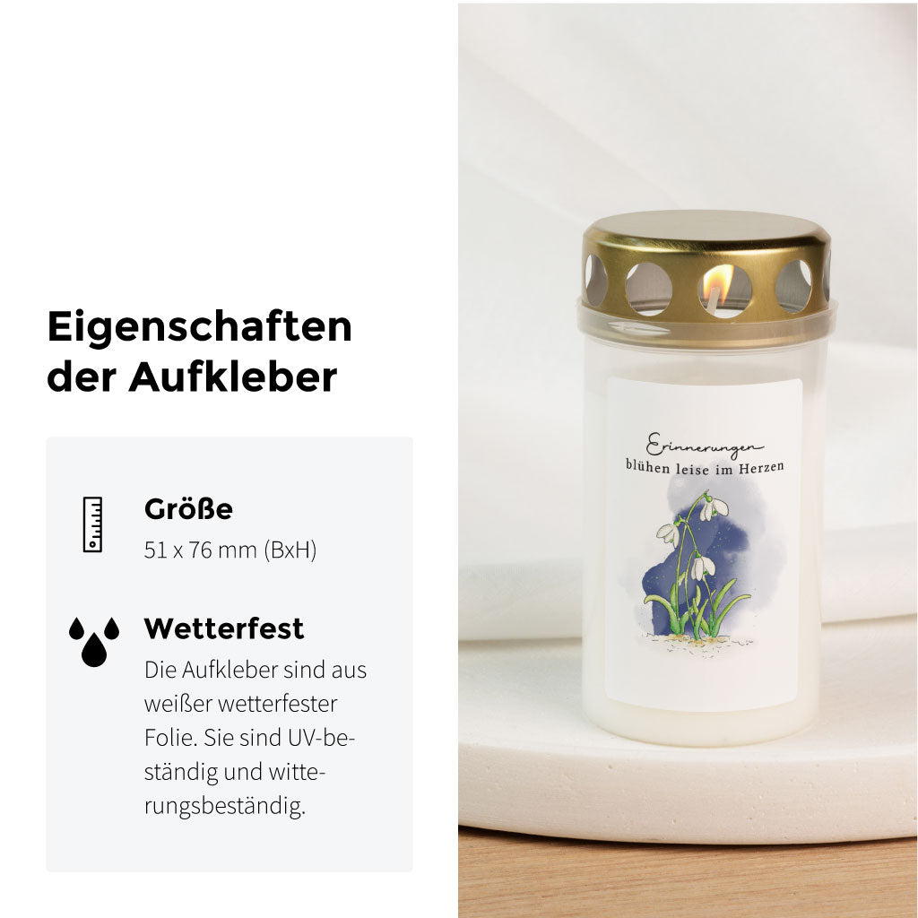 Personalisierbarer Aufkleber Grabkerze - Erinnerungen im Herzen | Schneeglöckchen