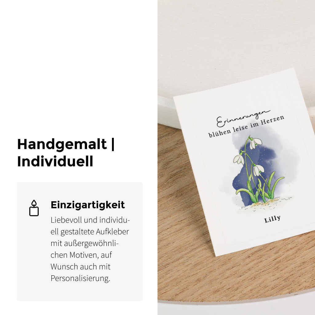 Personalisierbarer Aufkleber Grabkerze - Erinnerungen im Herzen | Schneeglöckchen