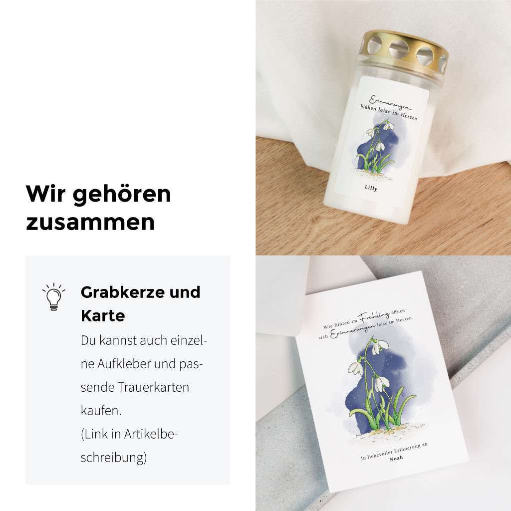 Personalisierbarer Aufkleber Grabkerze - Erinnerungen im Herzen | Schneeglöckchen