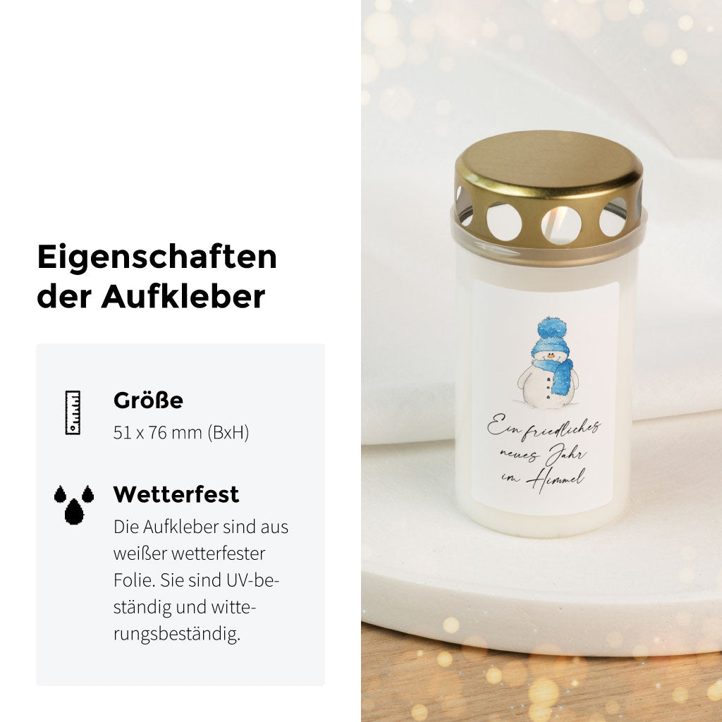 Wetterfester Sticker für Grabkerzen mit Neujahrsgruß – liebevoll gestaltet für den Jahreswechsel und das Gedenken an ein Sternenkind.