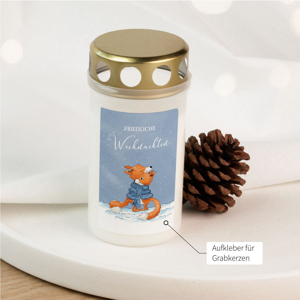 Grablicht mit Aufkleber: handgemalte Füchse im Schnee, Friedliche Weihnachten – tröstliches Trauergeschenk für Sternenkinder und Gedenktage.