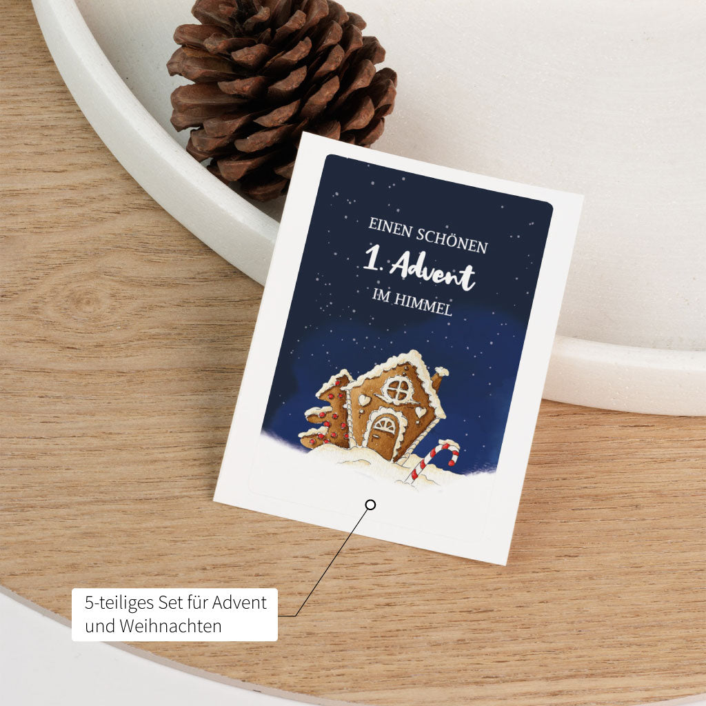 Einzelner Aufkleber für den 1. Advent mit Aquarellmotiv eines Lebkuchenhauses, passend für Grabkerzen in der Adventszeit.