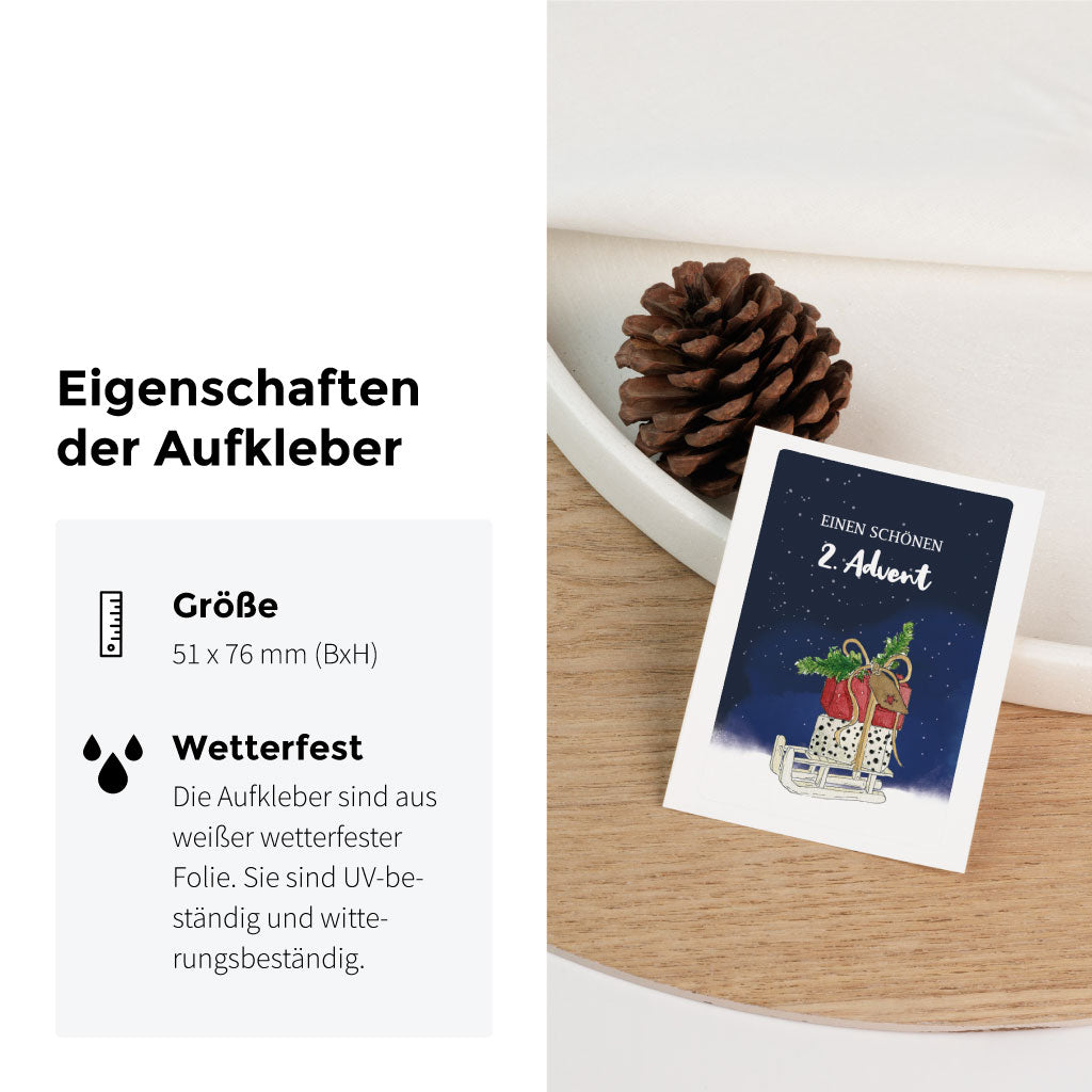 Sticker mit Schlitten und Geschenken als winterliches Aquarellmotiv für den 2. Advent, wetterfest und ideal für Weihnachtsgrabkerzen.