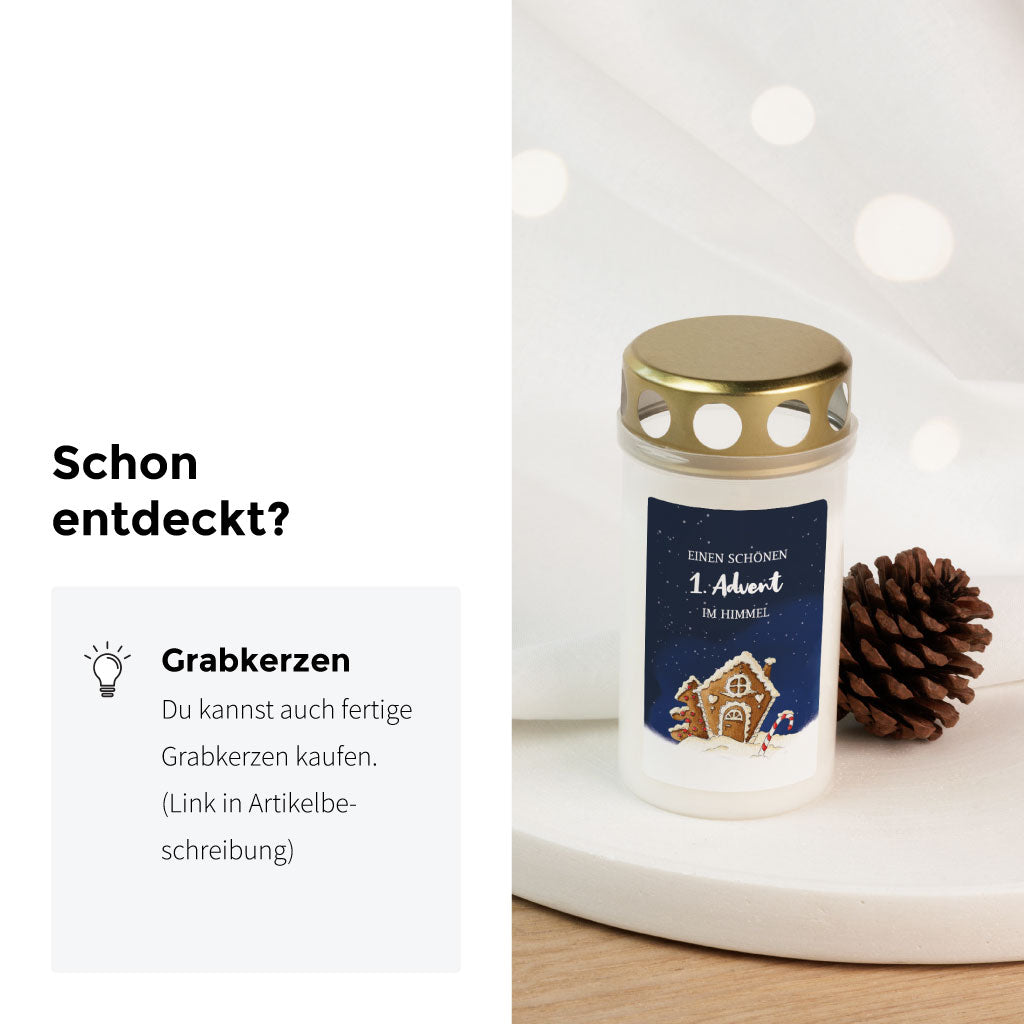 Grabkerze mit Aufkleber zum 1. Advent und Lebkuchenhaus, ideal für die stille Erinnerung in der Vorweihnachtszeit.
