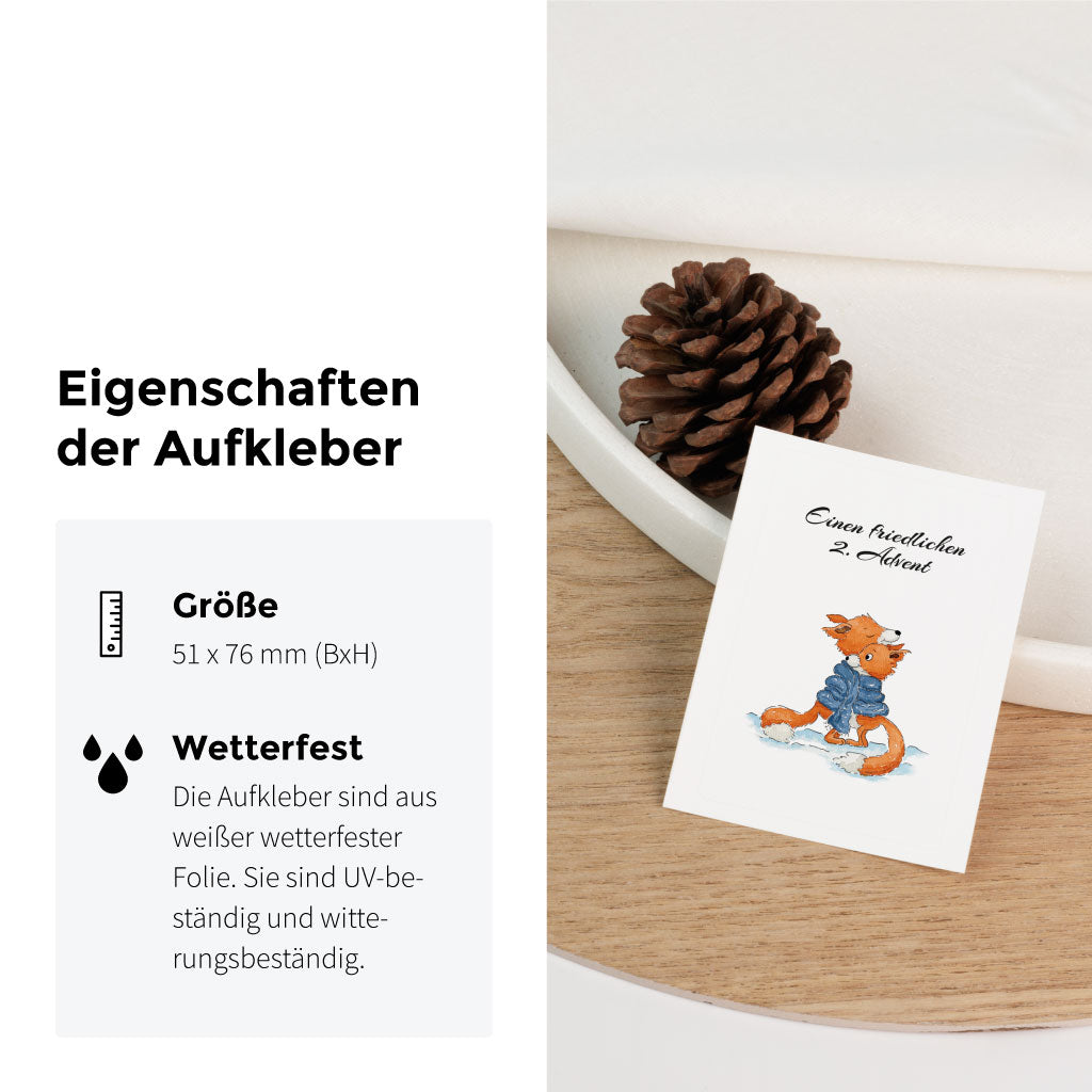 Aufkleber 2. Advent mit kuschelnden Füchsen im Winter