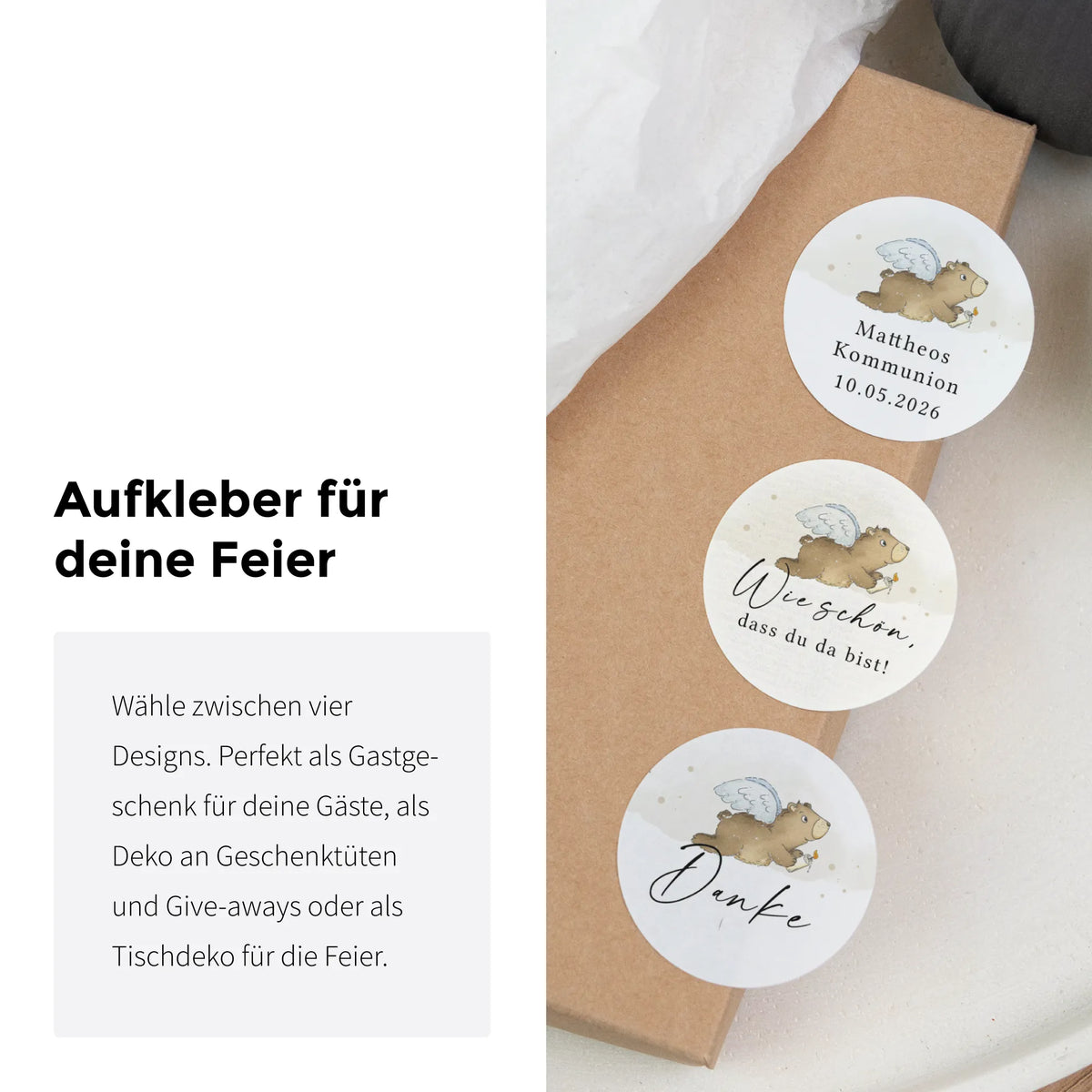 Drei Aufkleber zur Kommunion auf Kraftpapierpaket: personalisiert, Schön dass du da bist und Danke, mit Aquarell Motiv Engelbär, ideal als Gastgeschenk