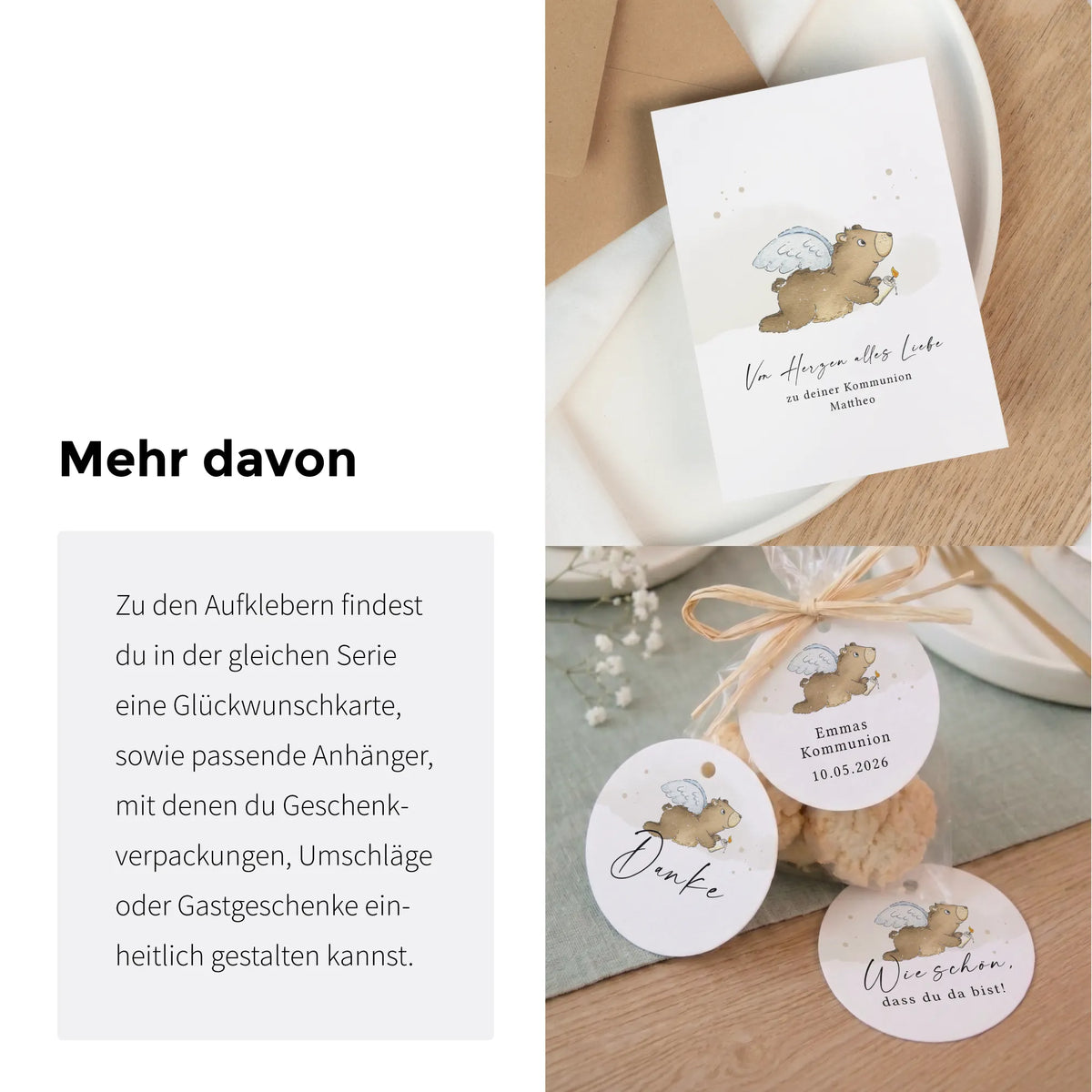 Passende Papeterie-Serie zur Kommunion: Glückwunschkarte, Anhänger mit Danke und Schön dass du da bist, Aquarell Motiv Engelbär
