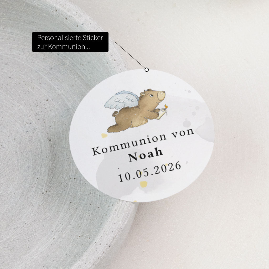 Personalisierter Sticker zur Kommunion mit handgemaltem Motiv, Name und Datum als Aufkleber für Einladungen oder Gastgeschenke