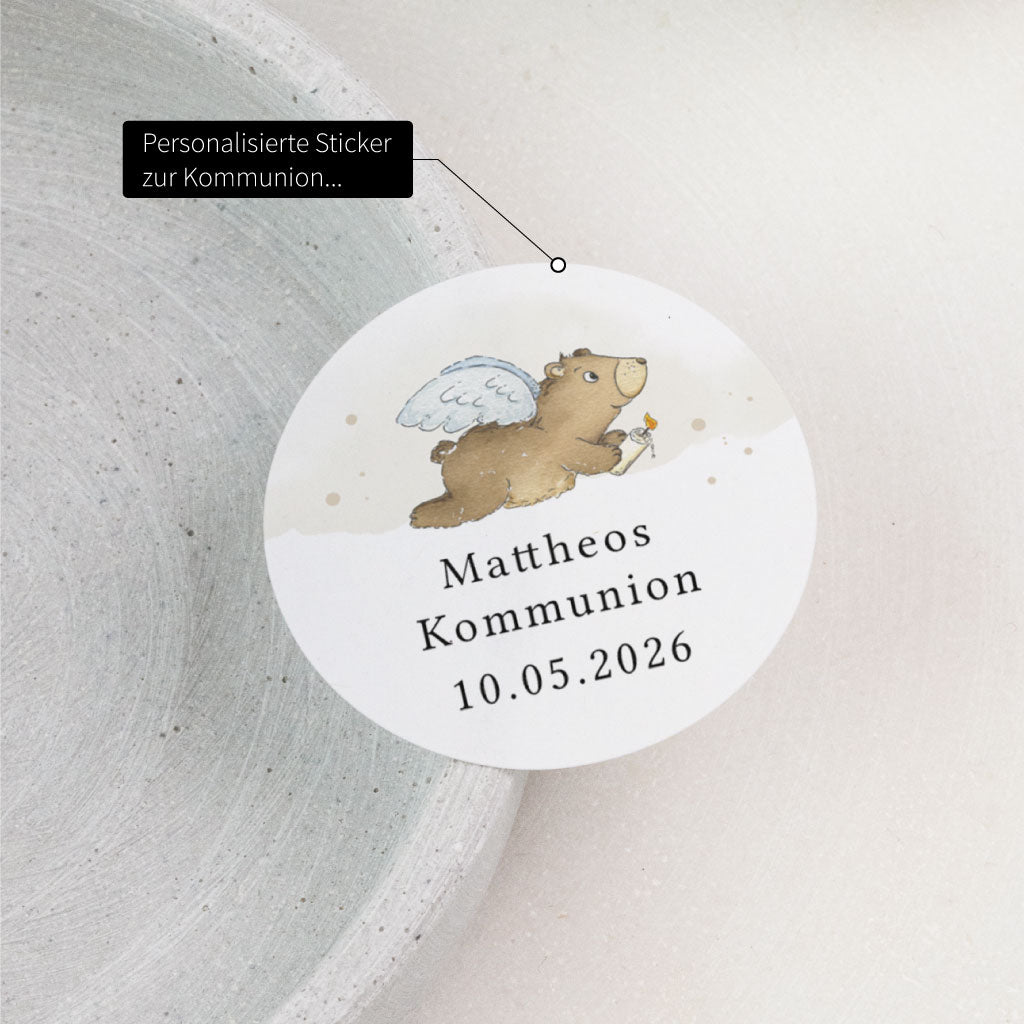 Personalisierter Sticker zur Kommunion mit handgemaltem Motiv, Name und Datum als Aufkleber für Einladungen oder Gastgeschenke