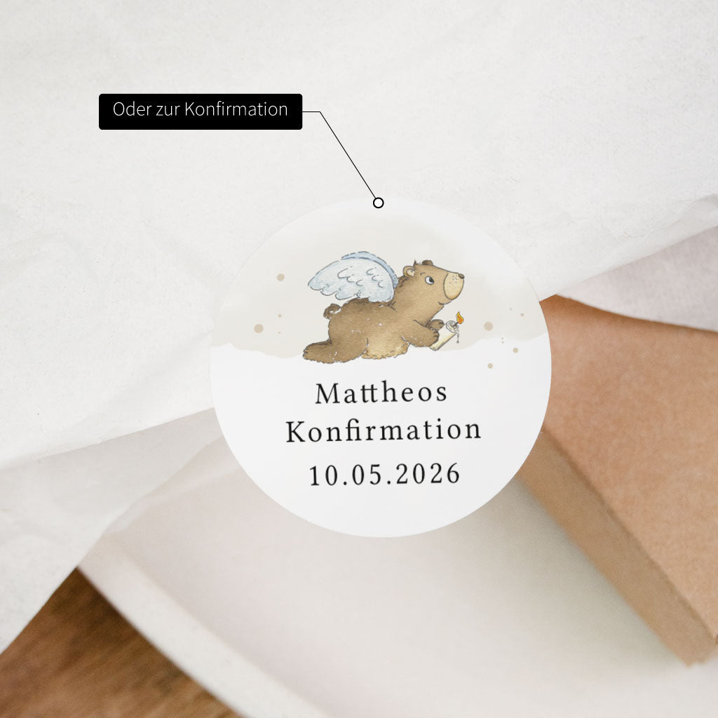 Personalisierter Sticker zur Konfirmation mit handgemaltem Motiv, Name und Datum als Deko für die Feier