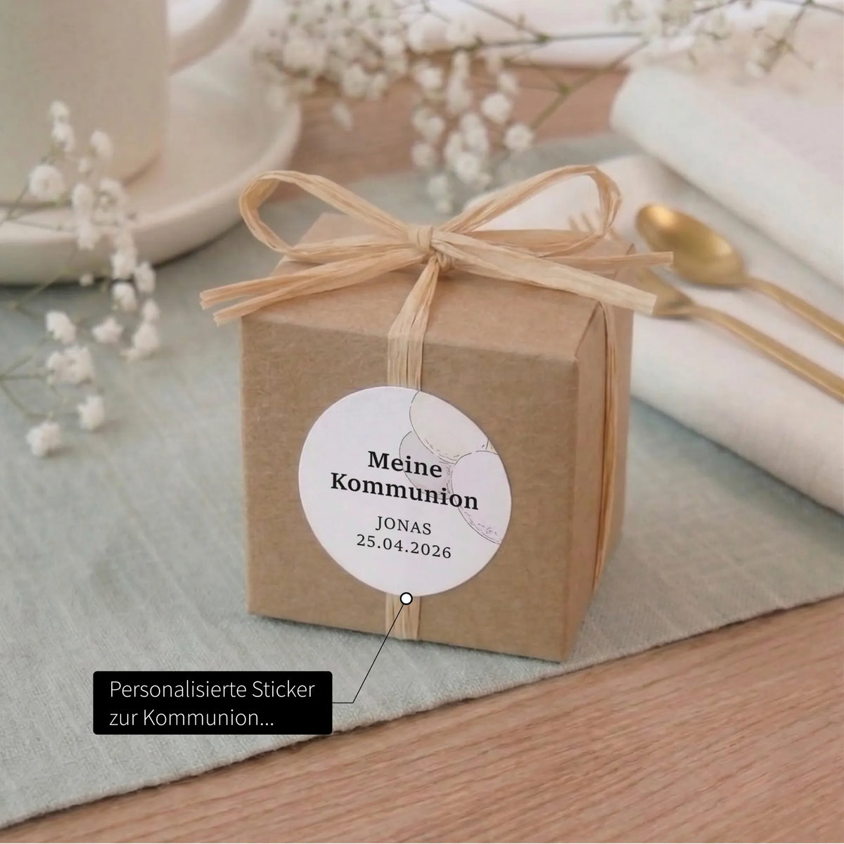 Kraftpapier-Geschenkbox mit Bast-Schleife und personalisiertem Kommunion-Aufkleber mit Aquarell Motiv, Name Jonas und Datum 25.04.2026