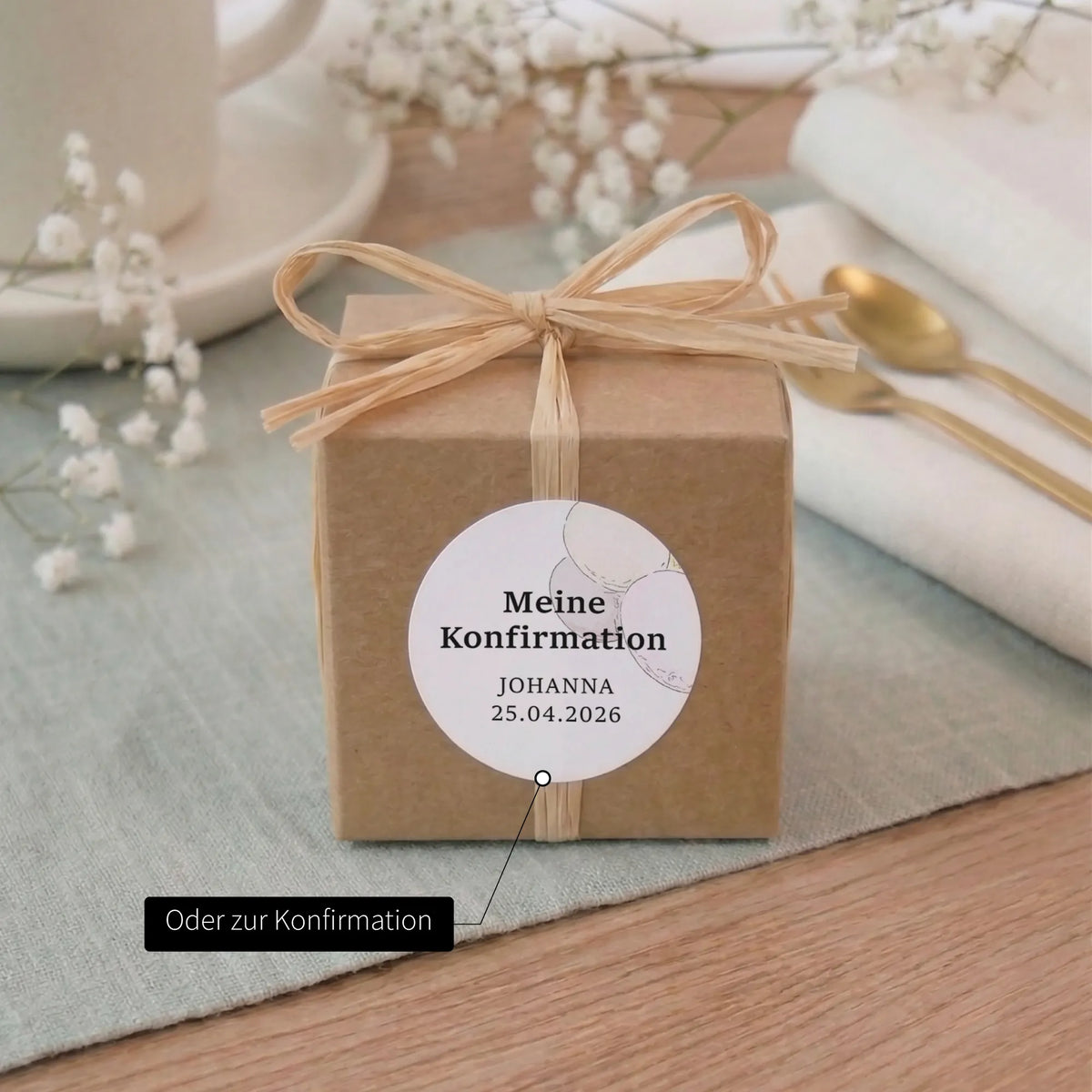 Kraftpapier-Geschenkbox mit Bast-Schleife und personalisiertem Konfirmation-Aufkleber mit Aquarell Motiv, Name Johanna und Datum 25.04.2026