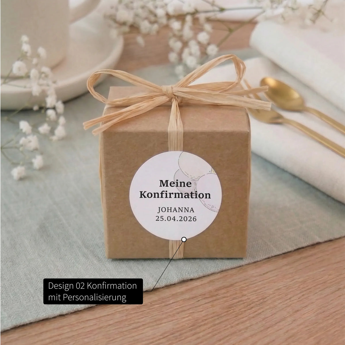 Kraftpapier-Geschenkbox mit Bast-Schleife und rundem Konfirmation-Aufkleber mit Aquarell Motiv, personalisiert mit Name Johanna und Datum