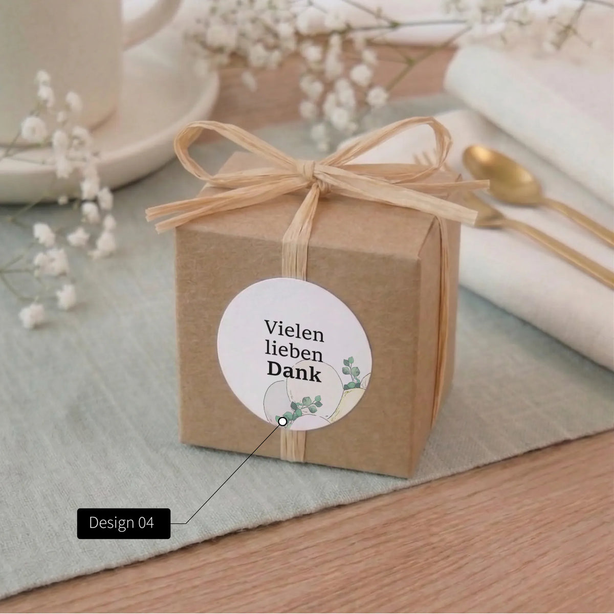 Kraftpapier-Geschenkbox mit Bast-Schleife und rundem Aufkleber Vielen lieben Dank mit Aquarell Motiv Eukalyptus zur Kommunion oder Konfirmation