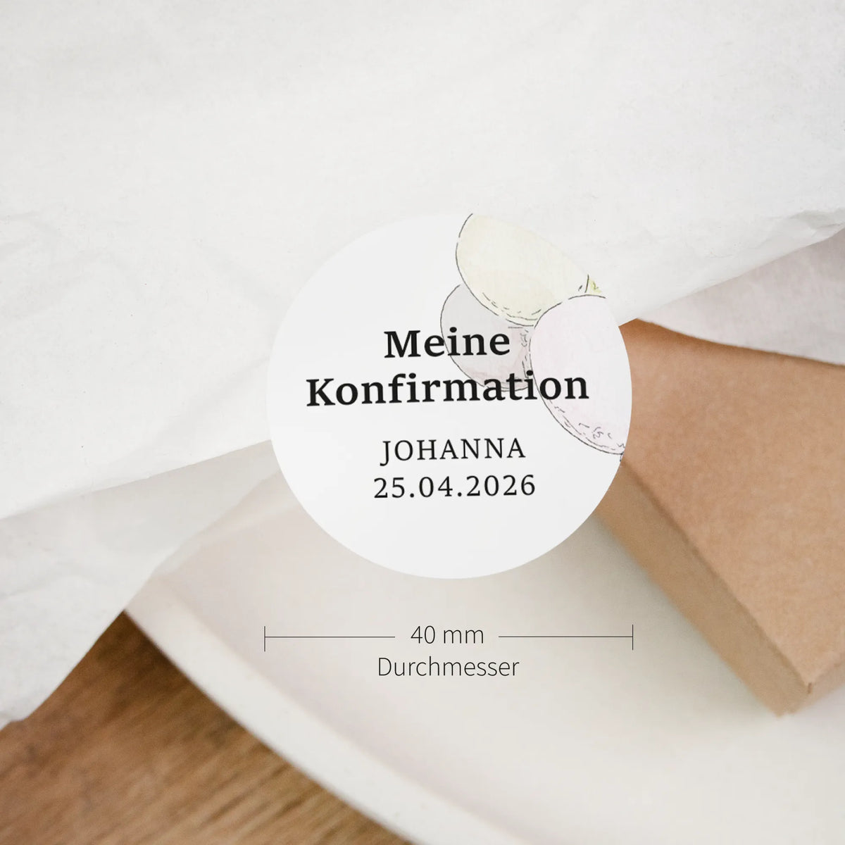 Runder Konfirmation-Aufkleber mit Aquarell Motiv, 40 mm Durchmesser, personalisiert mit Name und Datum auf Seidenpapier