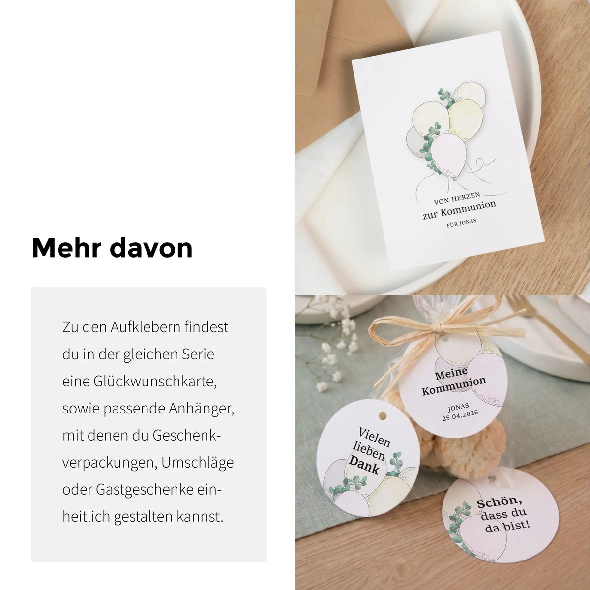 Glückwunschkarte und runde Anhänger zur Kommunion mit Aquarell Motiv Luftballons und Eukalyptus, personalisiert als Gastgeschenk und Tischdeko