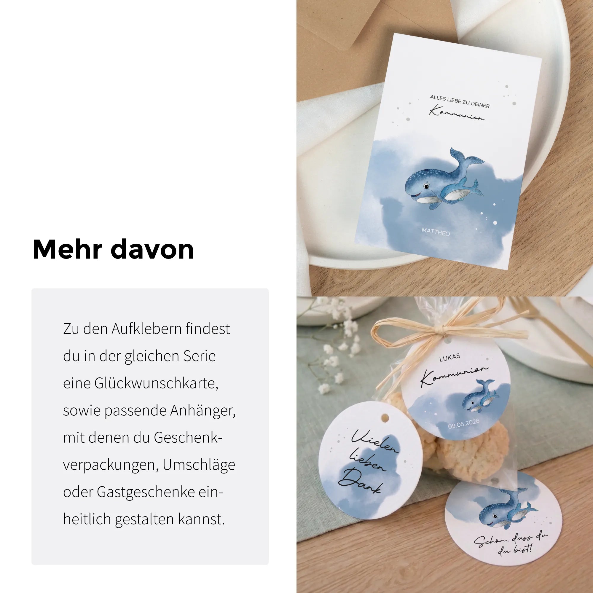 Passende Papeterie-Serie zur Kommunion mit Aquarell Motiv Wal, Glückwunschkarte, Anhänger Vielen lieben Dank und Schön dass du da bist als Gastgeschenk-Deko