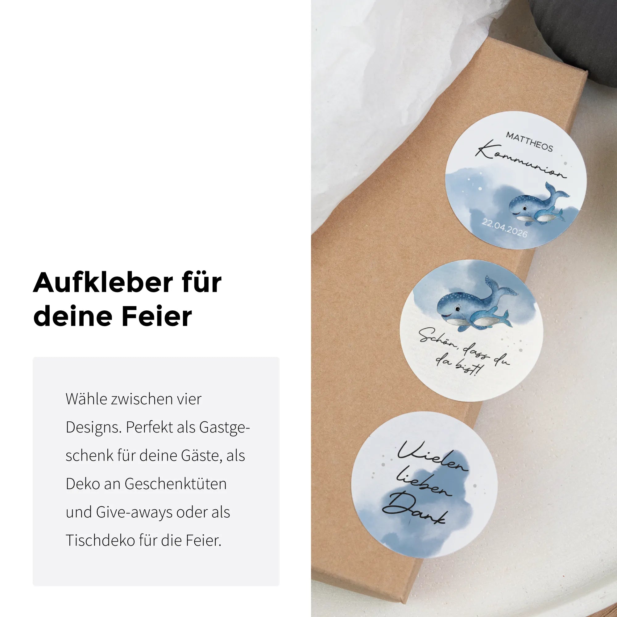 Drei runde Aufkleber zur Kommunion mit Aquarell Motiv Wal auf Kraftpapierbox, Designs Kommunion personalisiert, Schön dass du da bist und Vielen lieben Dank