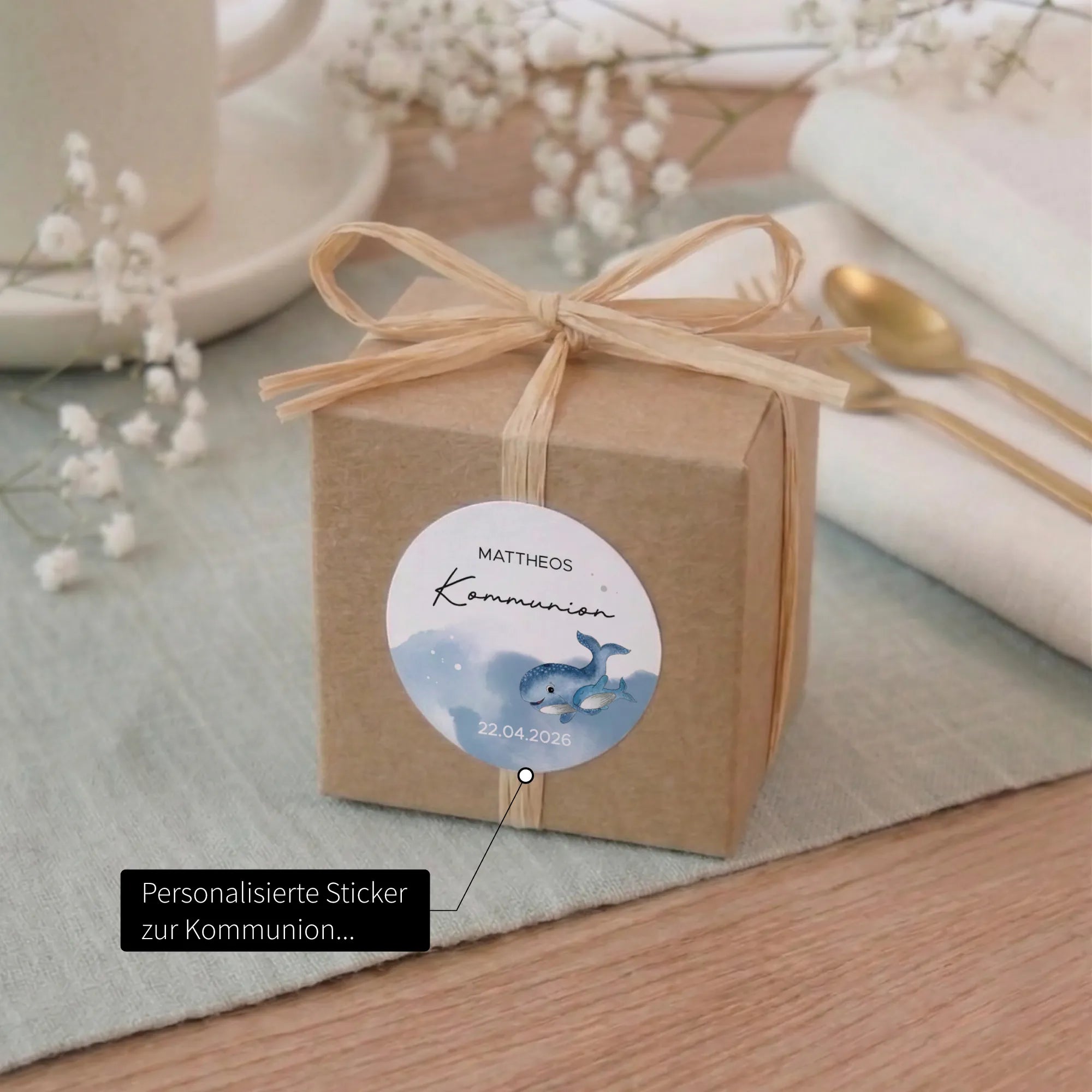 Personalisierter runder Aufkleber zur Kommunion mit Aquarell Motiv Wal, Name Mattheos und Datum auf Kraftpapier-Geschenkbox mit Bast-Schleife, Design 01