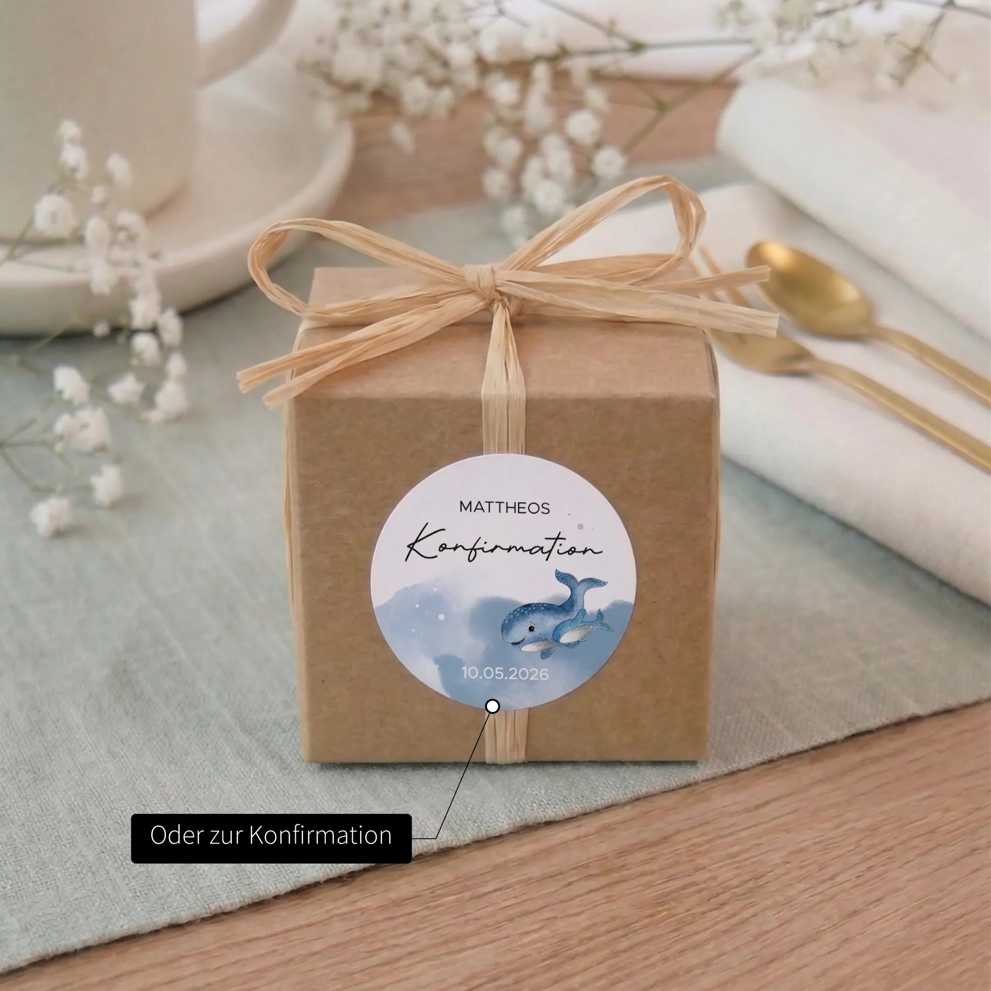 Personalisierter runder Aufkleber zur Konfirmation mit Aquarell Motiv Wal, Name Mattheos und Datum auf Kraftpapier-Geschenkbox mit Bast-Schleife, Design 02