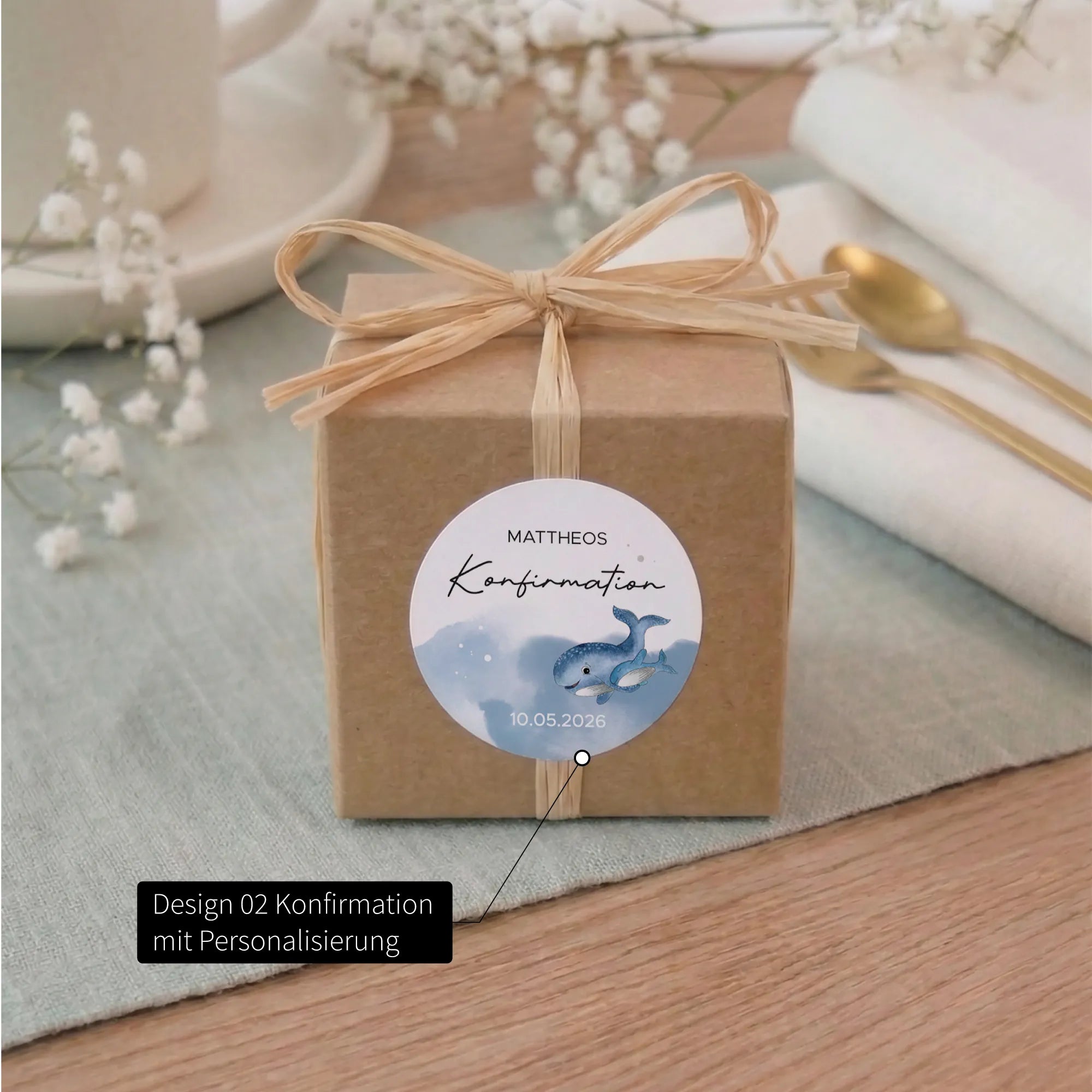 Runder Aufkleber zur Konfirmation mit Aquarell Motiv Wal, Name und Datum auf Kraftpapier-Geschenkbox mit Bast-Schleife, Design 02 mit Personalisierung