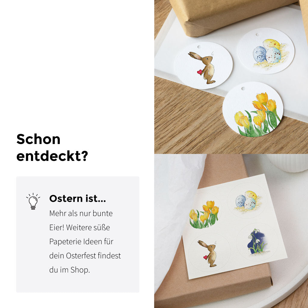 Produktbild „Schon entdeckt?“ mit Sticker-Set für Ostern: runde Osteraufkleber auf Bogen mit Motiven wie Ostereier, Blumen und Hase, Deko für Geschenkverpackung.