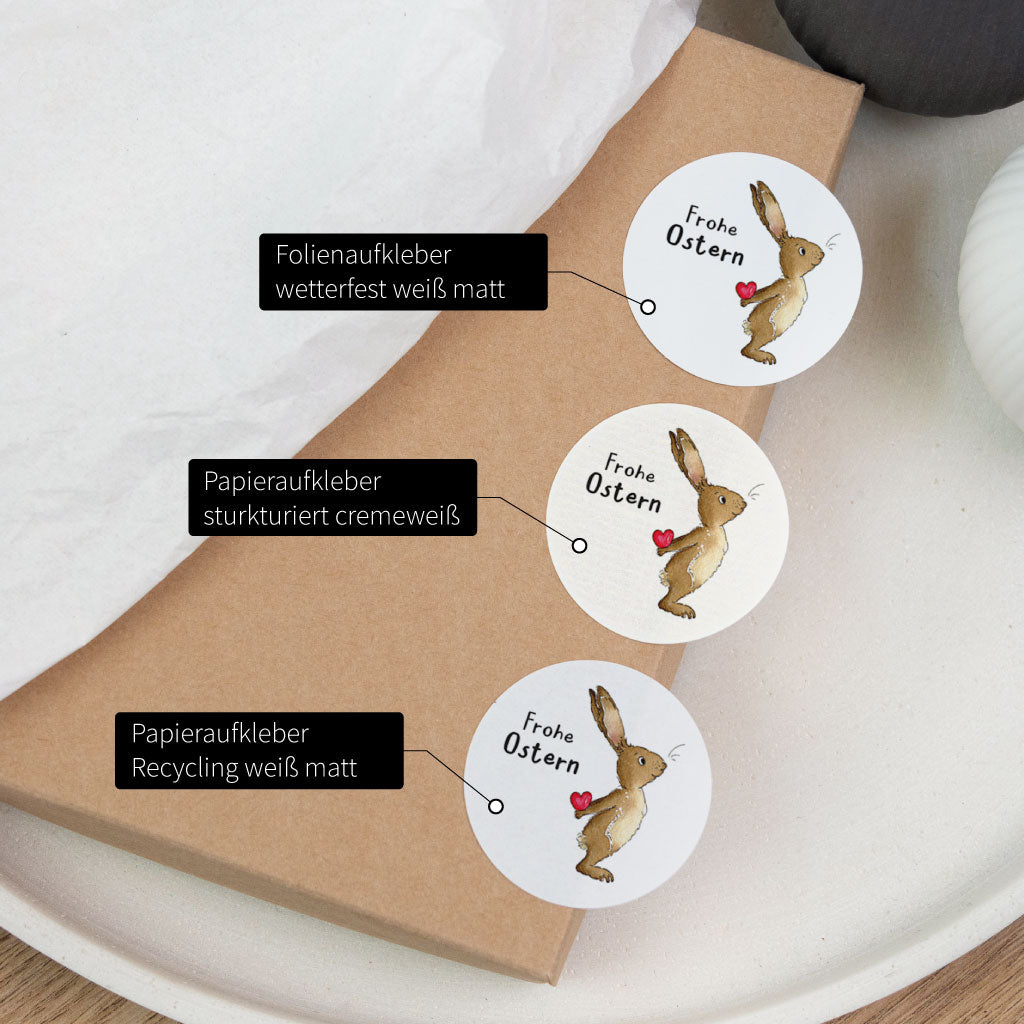 Vergleich verschiedener Ostern Aufkleber Materialien mit handgemaltem Aquarell-Osterhase „Frohe Ostern“, Sticker für Ostergeschenk Verpackung und Dekoration