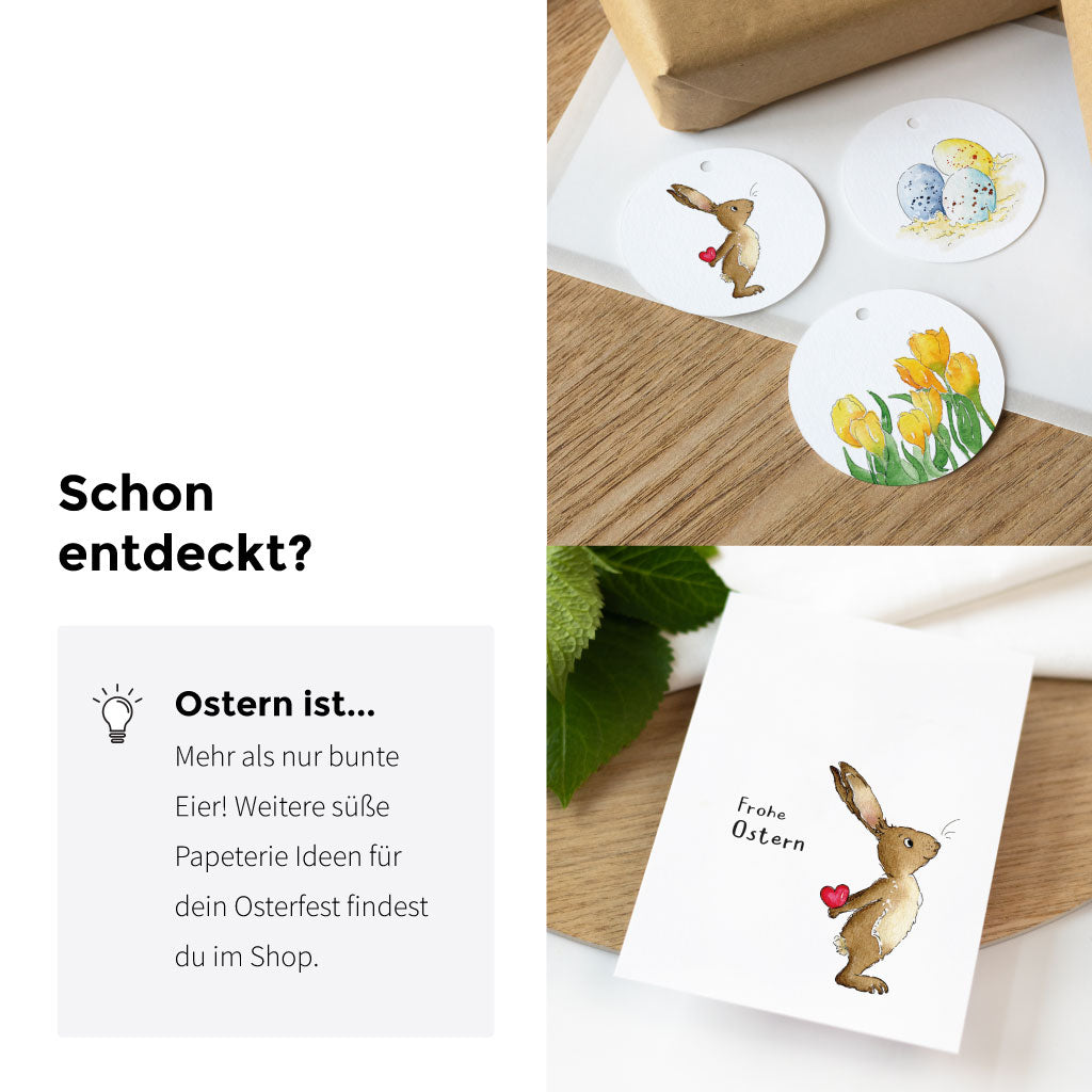 Ostern Papeterie Inspiration mit handgemaltem Aquarell-Osterhase, „Frohe Ostern“ Sticker und Dekoration für Ostergeschenk Verpackung