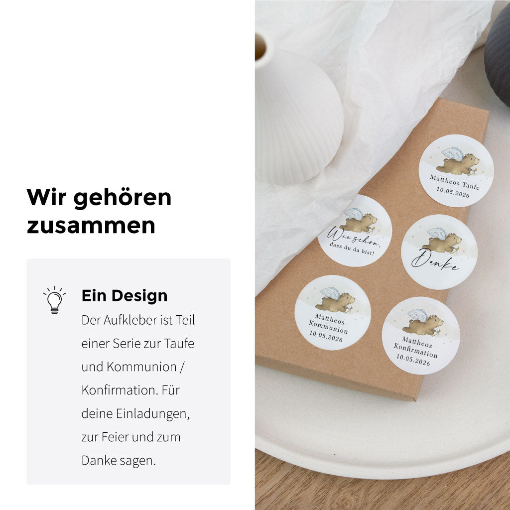 Personalisierbare Aufkleber Serie für Taufe, Kommunion und Konfirmation mit Engel-Bär und verschiedenen Textvarianten