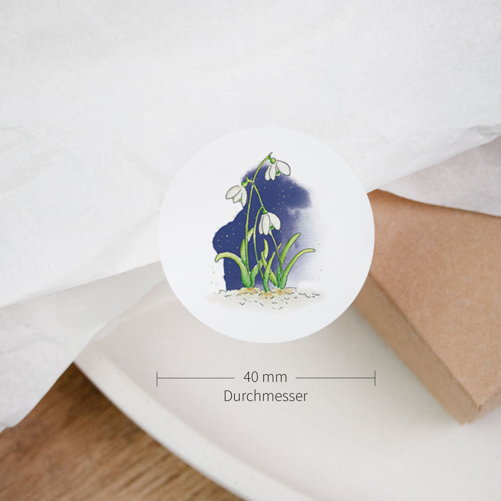 Runder Sticker mit Schneeglöckchen als Aquarell, 40 mm Durchmesser, Frühlingsblumen Motiv für Ostergeschenke dekorieren.